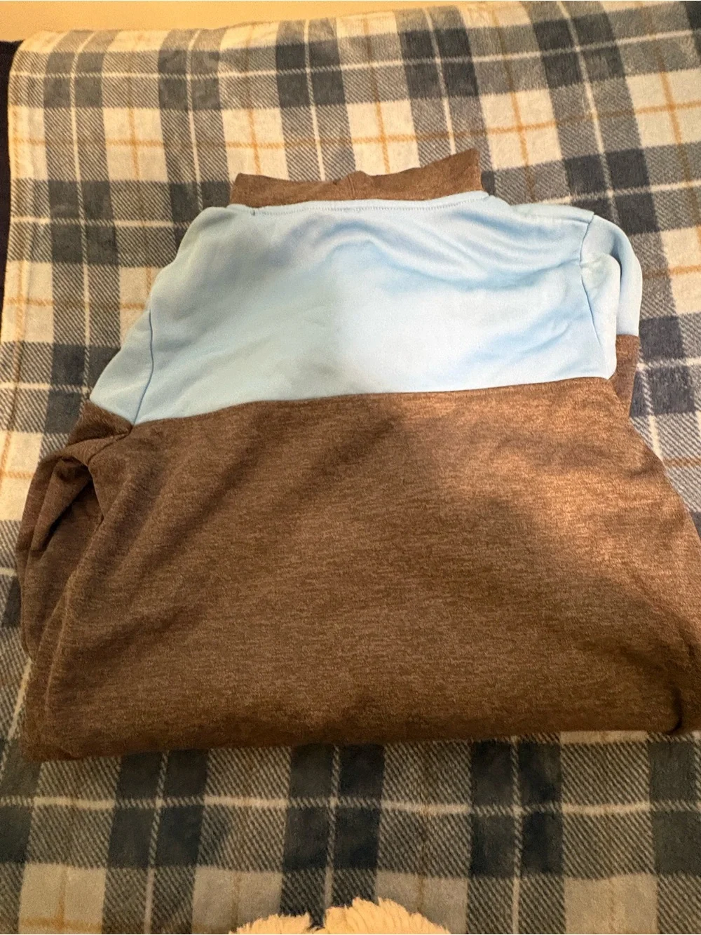 Brown and Light Blue Pullover Hoodie with Embroidered Logo